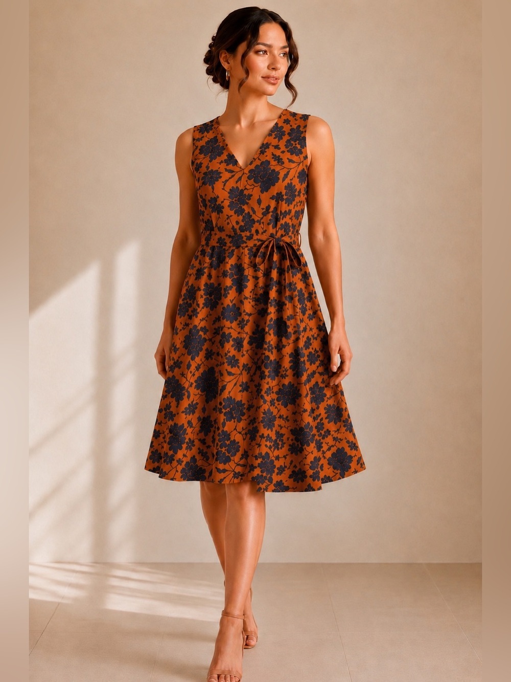 Ann Taylor Factory Petite MP Rust & Navy Floral V-Neck Sleeveless Dress